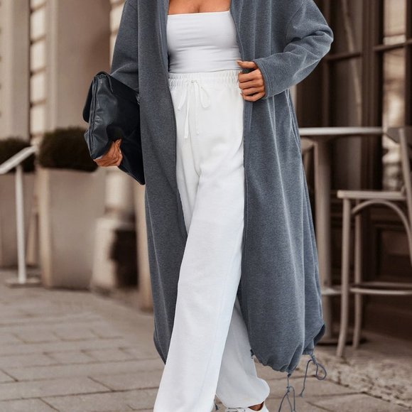 Casual Drawstring Hem Zip Up Hoodie Dark Grey - Picture 5 of 7